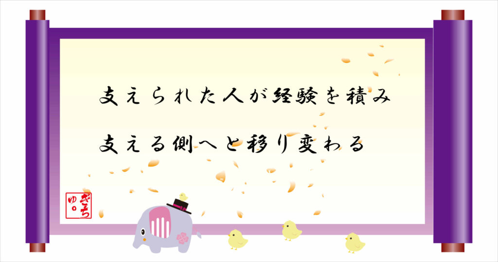 支えられた人が経験を積み、支える側へと移り変わる　巻物画像